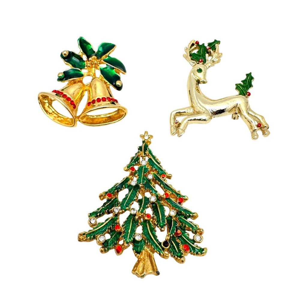 Vintage Gerrys Christmas Brooch Pin Reindeer Christmas Tree Bells Holly Set